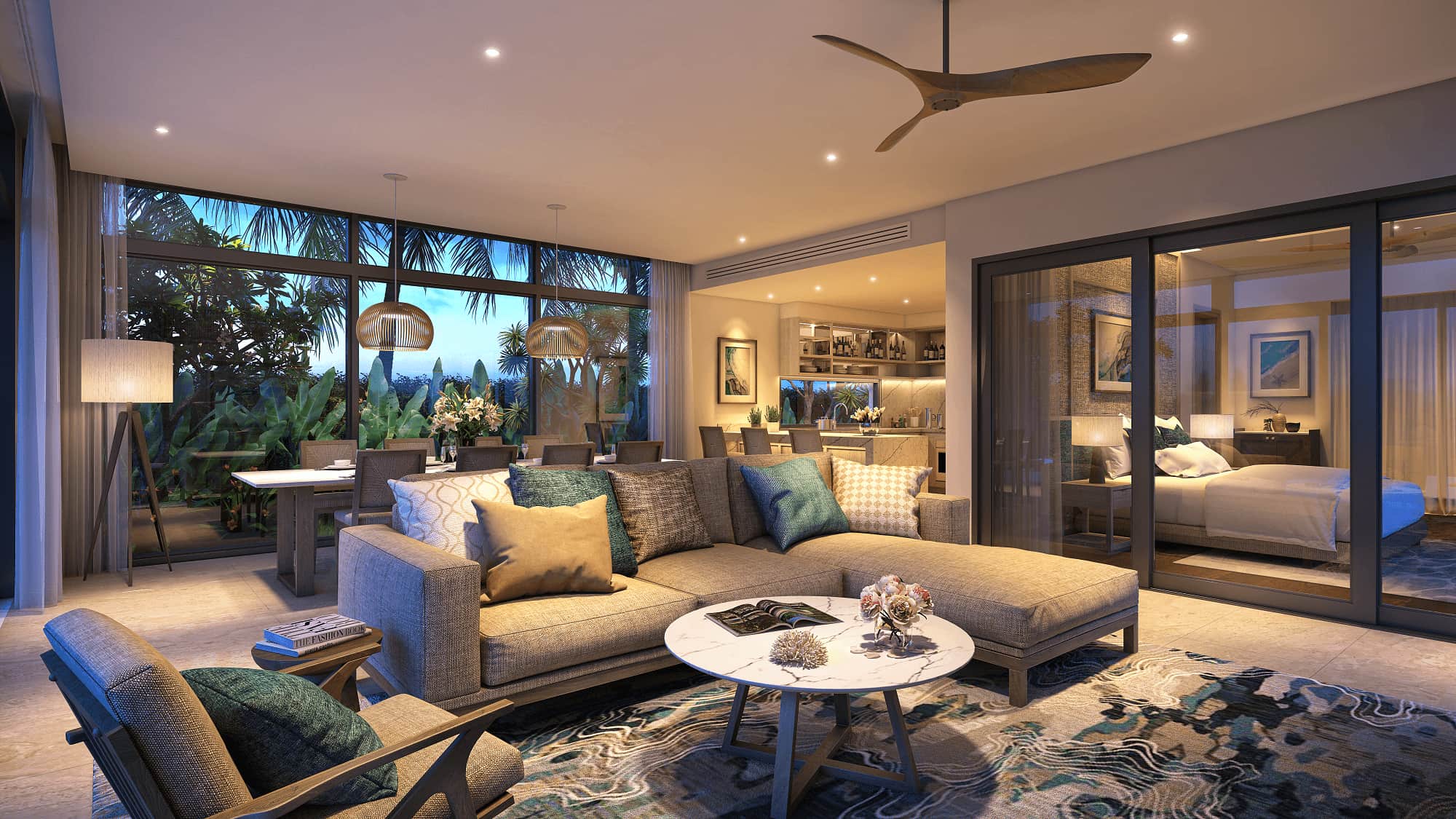 Phong khach va phong bep can Beach Villa The Hamptons Ho Tram