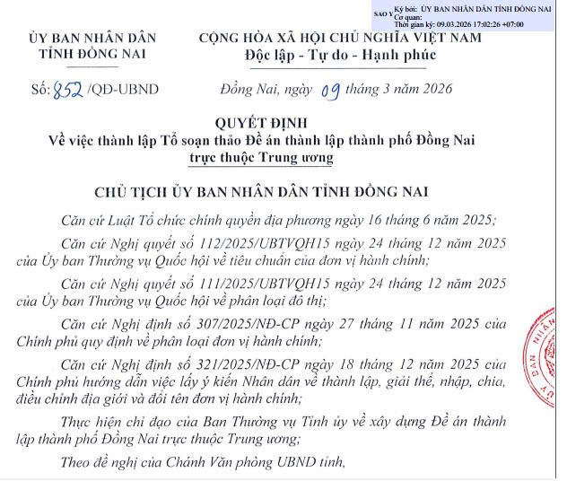 Văn bản Đề án thành lập thành phố Đồng Nai trực thuộc Trung ương
