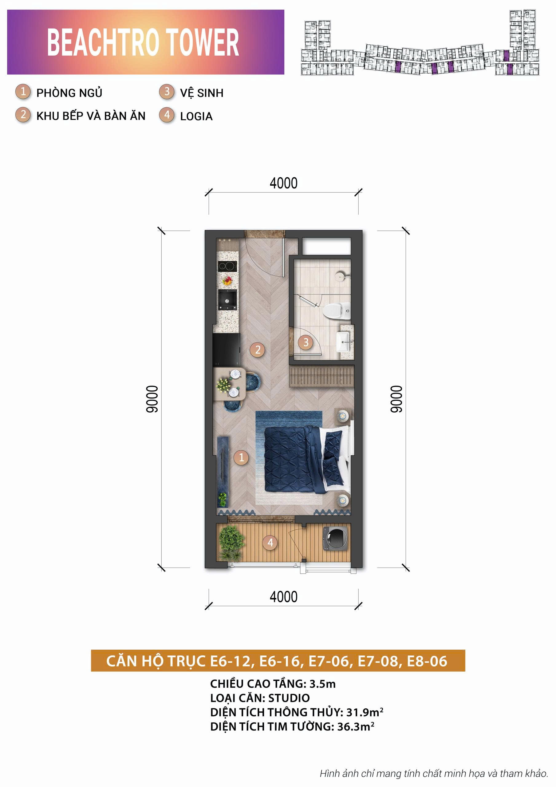 Layout căn Studio tại Beachtro Tower